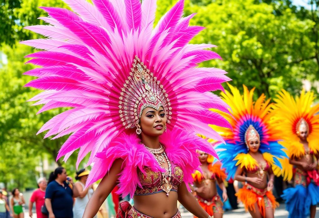 Foliãs com fantasias de plumas no carnaval do Rio